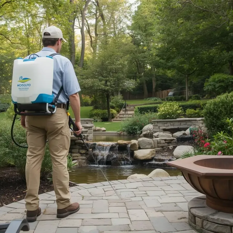 mosquito control tech in backyard spraying