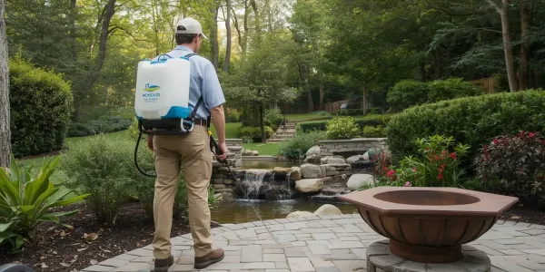 mosquito control tech in backyard spraying